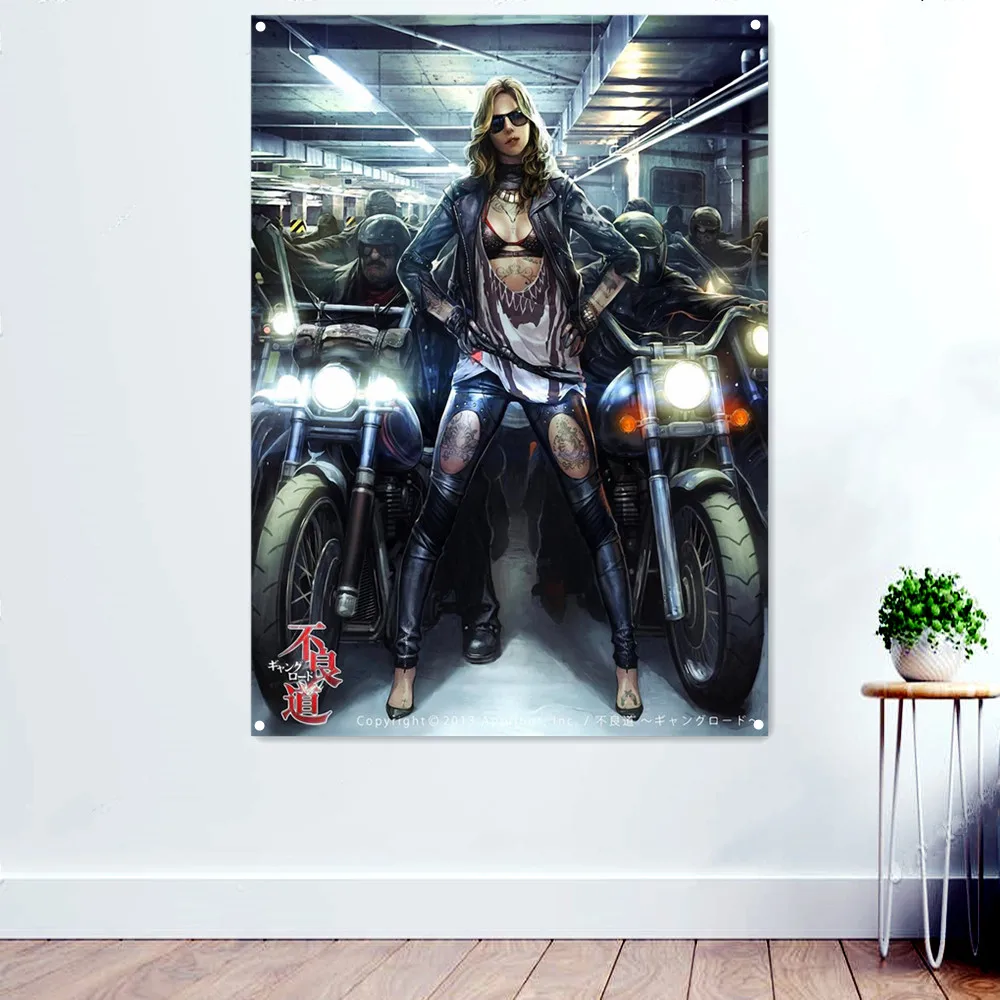 

Gangster Girl Motorcycle Rider Wall Art Poster and Prints Banner Flag Man Cave Garage Locomotive Repair Shop Wall Decor Painting