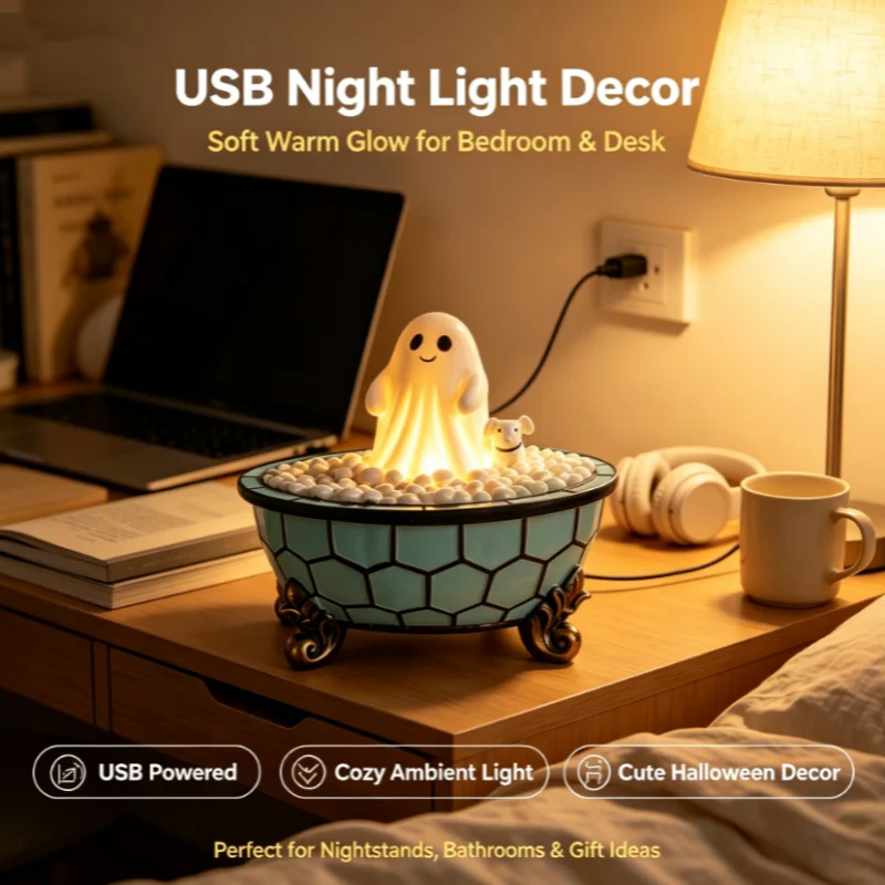 Ghost Taking Bath Night Light Desktop Ornament Bathtub Resin Lamp Cute Spooky Halloween Decor Table Lamp Bedroom Holiday Gift ﻿