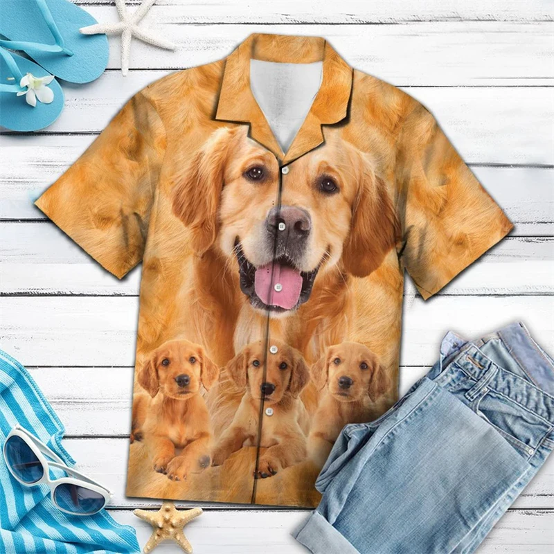 Cute Golden Retriever Pattern Hawaiian Shirts Summer Casual Dog Lover 3D Printed Shirt Loose Breathable Daily Wear Unisex Blouse
