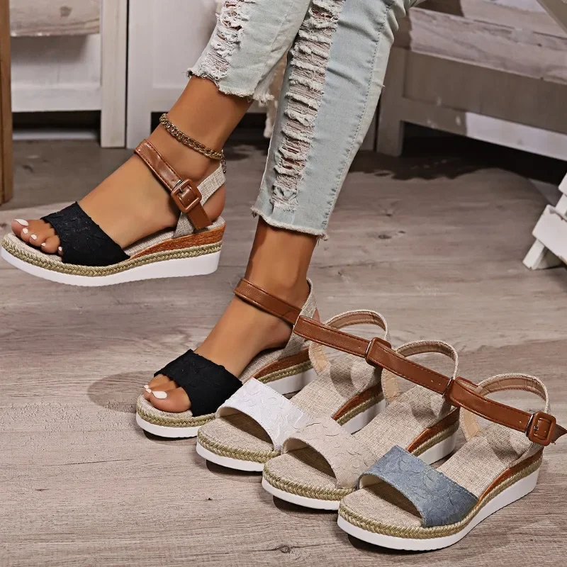 2024 verão sandálias femininas confortáveis antiderrapantes andando verão feminino trançado casual fivela cinta plataforma sapatos de cunha