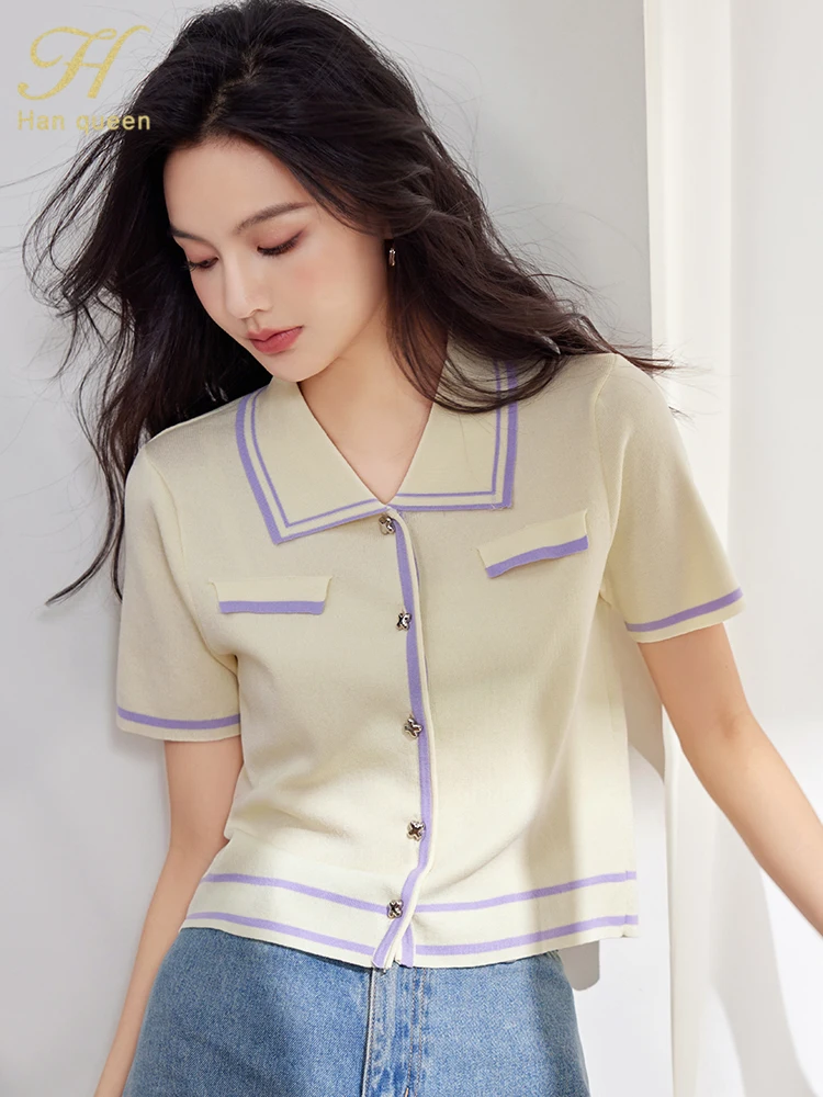 H Han Queen 2024 Korean Summer Knitting Shirts & Blouses Simple Short Sleeve Tops Loose Elegant Blouse  Women\'s Clothing Sales