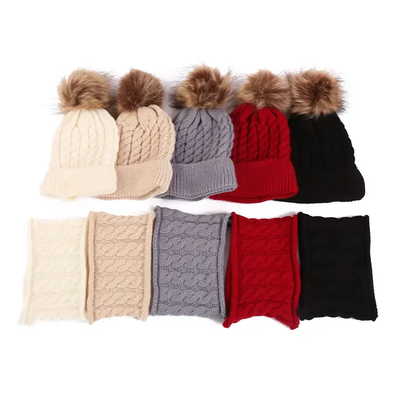 2pcs/set Children\'s Woolen Hat & Neck Scarf Set, Winter Solid Color Outdoor Cycling Thickened Warm Knitted Hat