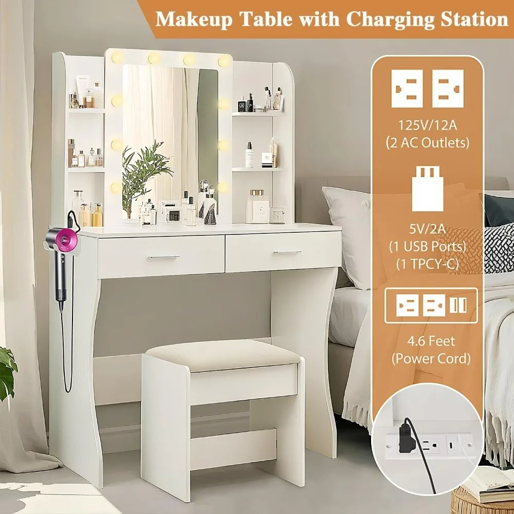 Meja Rias dengan Cermin dan Lampu, Stopkontak & Rak Pengering Rambut, 2 Laci dan 6 Rak Penyimpanan, Bangku Empuk, Meja Rias