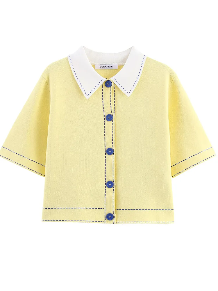 

European style new women's fashion all-match temperament POLO shirt contrast color stitching lapel knitted cardigan jacket