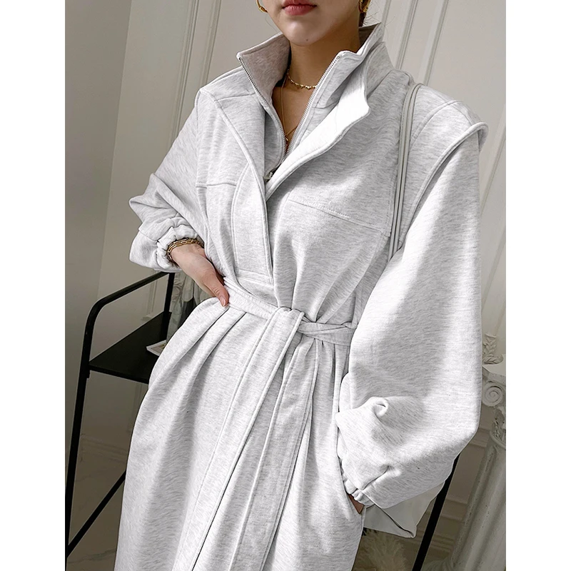 Elegant Korean Stand Neck Thick Hoody Dress Women Loose Belted Long Sleeve Vestidos Female Chic Gray Hoodies Long Dresses 3521