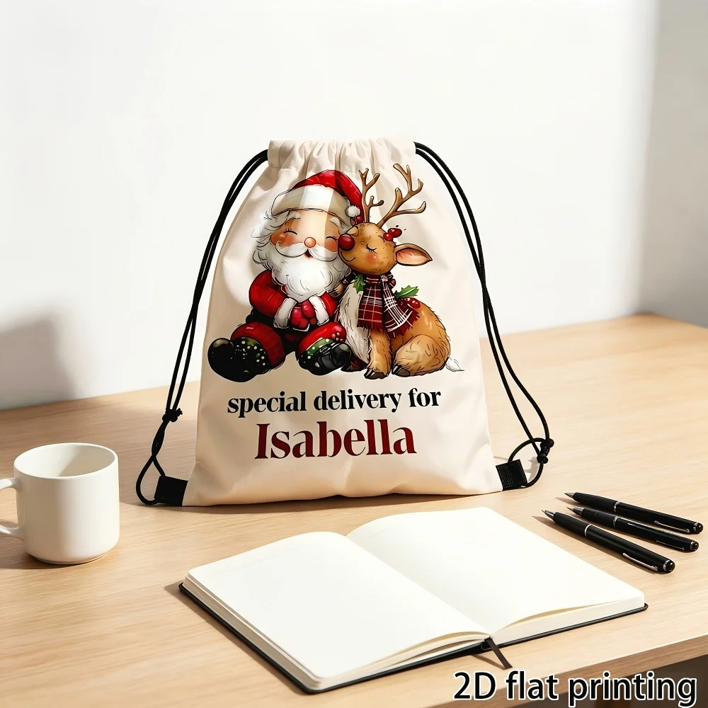 1Pc Christmas Theme Custom Text/Name Drawstring Backpack, Santa & Reindeer Design Christmas Gift Storage Pouch, Party Candy Bag