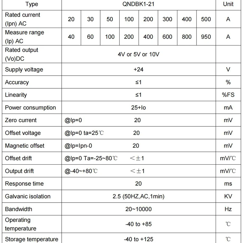 Transductor de corriente de núcleo dividido QNDBK1-21 Entrada AC 50A 100A 200A 300A Salida 5V 10V DC PWR + 24V ct sensor de corriente hall