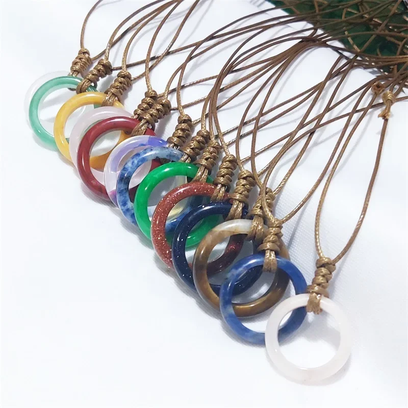 1pc Colorful Natural Stone Circle Ring Pendant Braided Rope Agates Quartz Tiger's Eye Crystal Necklace Party Wedding Gift