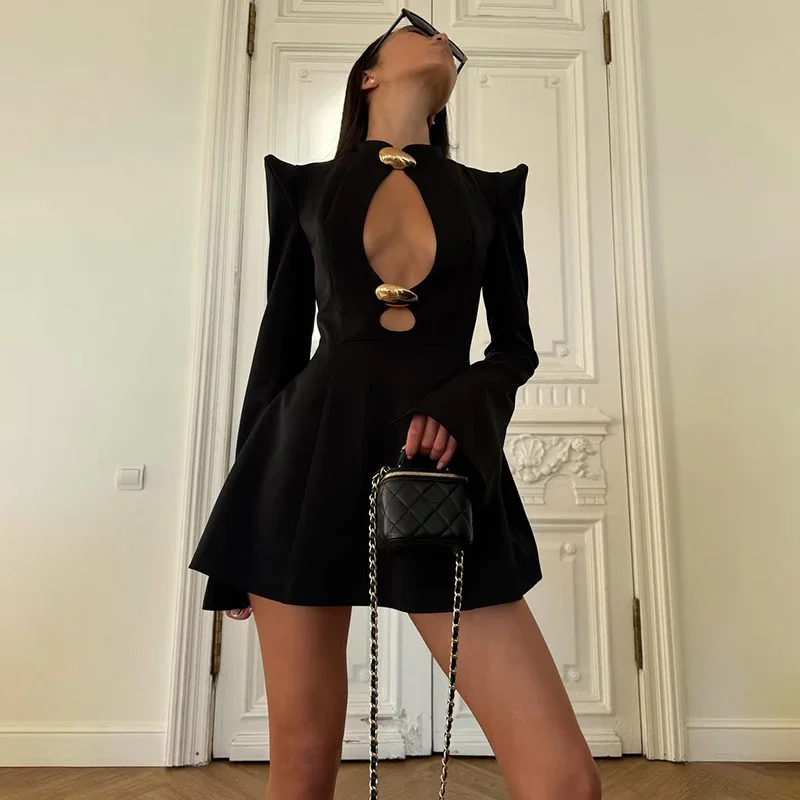 

Sexy Hollow Mini Dress For Women Shoulder Pads Elegant Slim Long Sleeve Dress Autumn New High Waist Banquet Black Dress