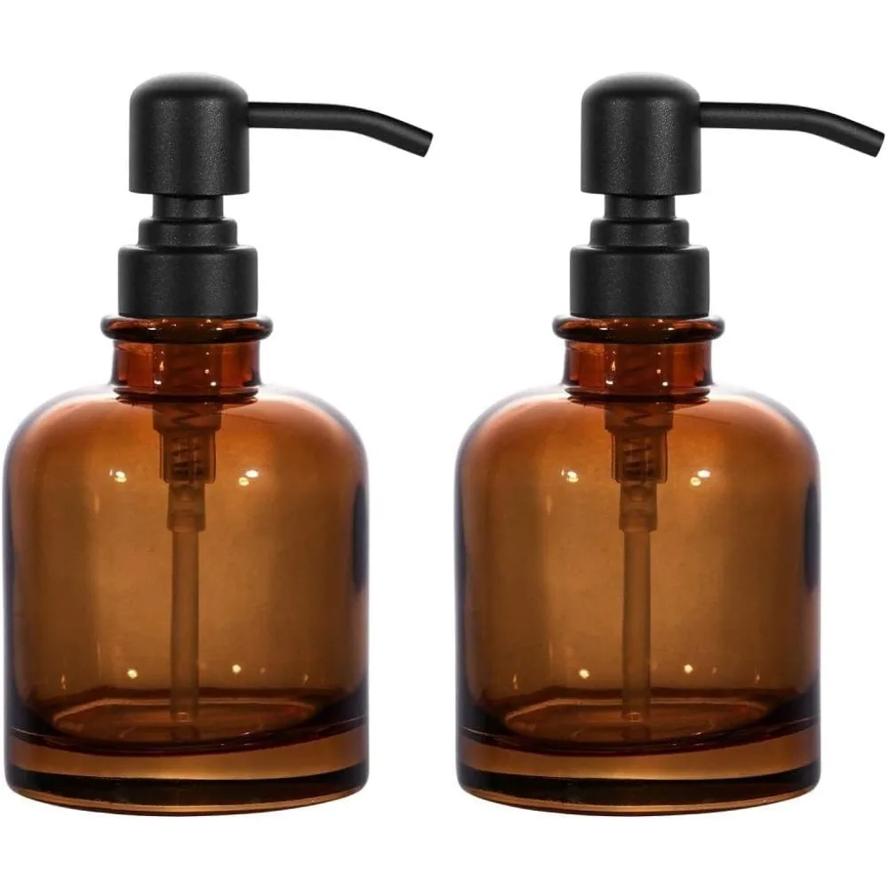 

2 pack amber glass soap dispenser with matte black stainless steel pump