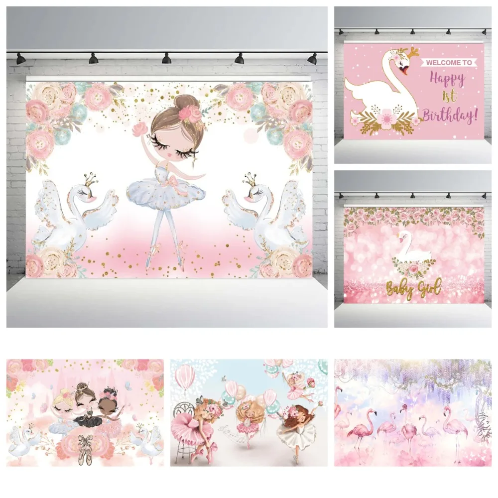 

Bohemian Pink Swan Girl Birthday Photography Backdrop, Children Birthday Princess Ballet Photography Background Studio Backdrop