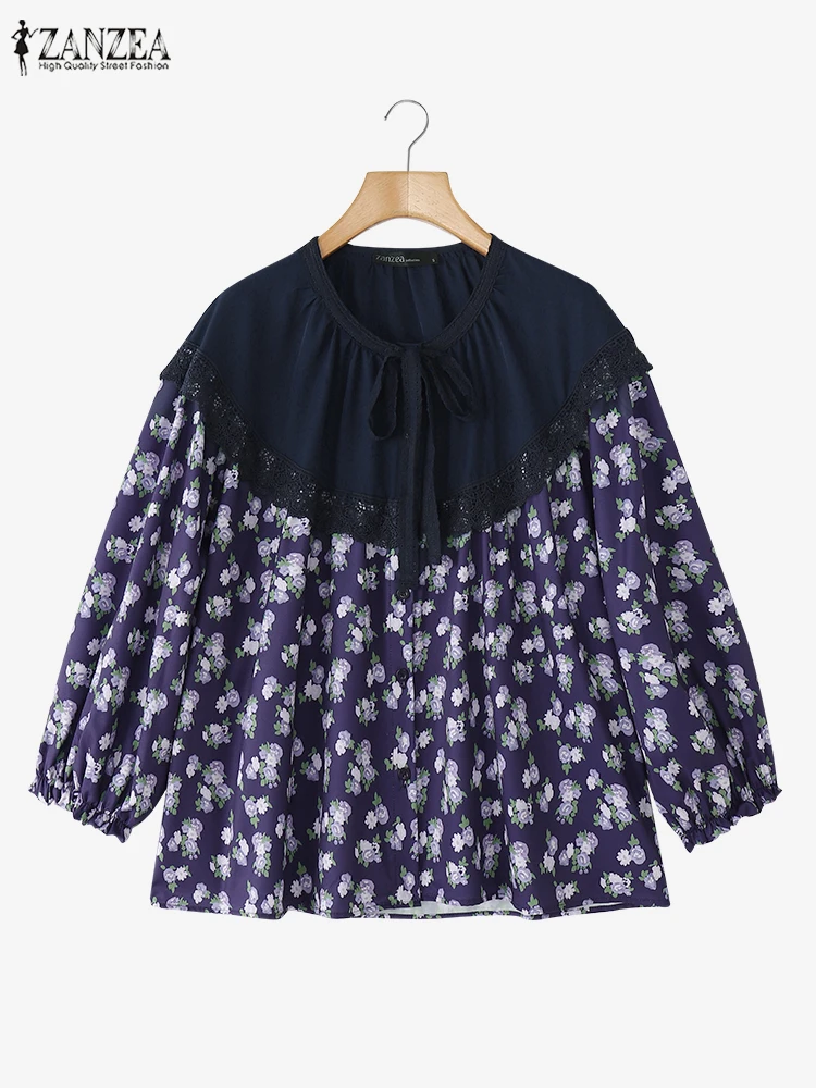 ZANZEA bohème dentelle Patchwork hauts imprimé fleuri lanterne manches couleur bloquée Chemise élégante Femme printemps mode chemises