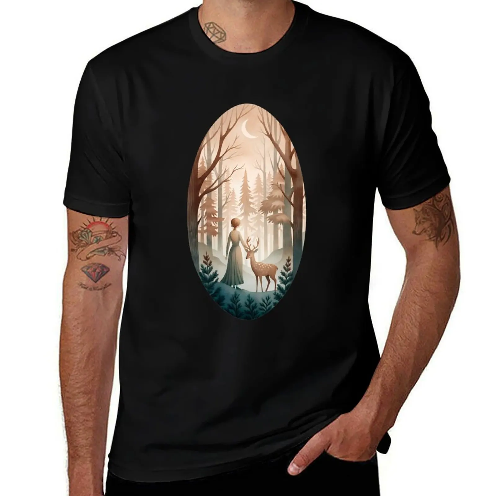 

Forest Muse: Lady and Deer Encounter, Wild Paths T-Shirt street wear Funny t-shirts funny shirt cotton funny gifts t shirts men