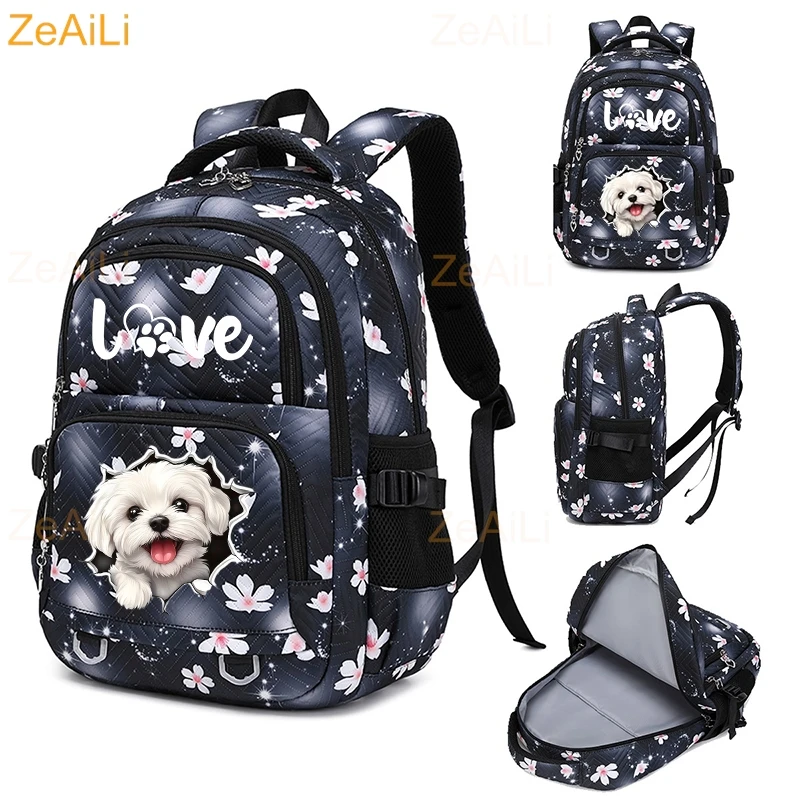 White Puppy Maltese Dog Paw Waterproof Women Backpack Female Travel Bag Backpacks Schoolbag for Teenage Girls Bookbag Mochila