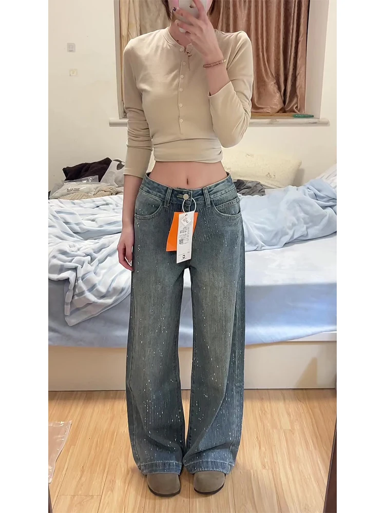 

Retro American Blue Jeans Women's Loose Fit Diamond Embellished High Waist Straight Leg Pants Summer New Style Casual Jeans