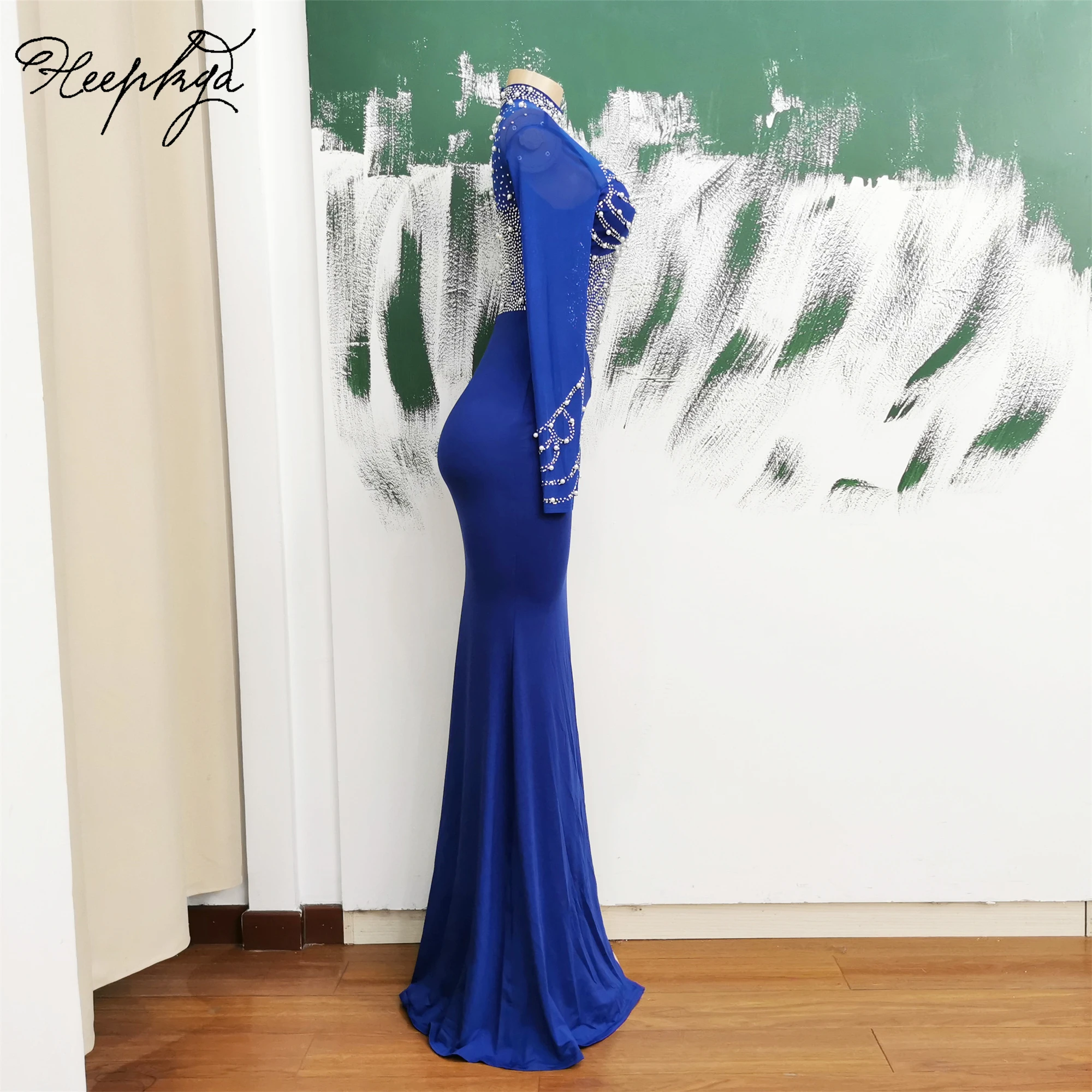 Long Mermaid Royal Blue Evening Dress With Split High Neck Full Sleeves Silver Crystals Luxury Special Occasion Gowns For Party