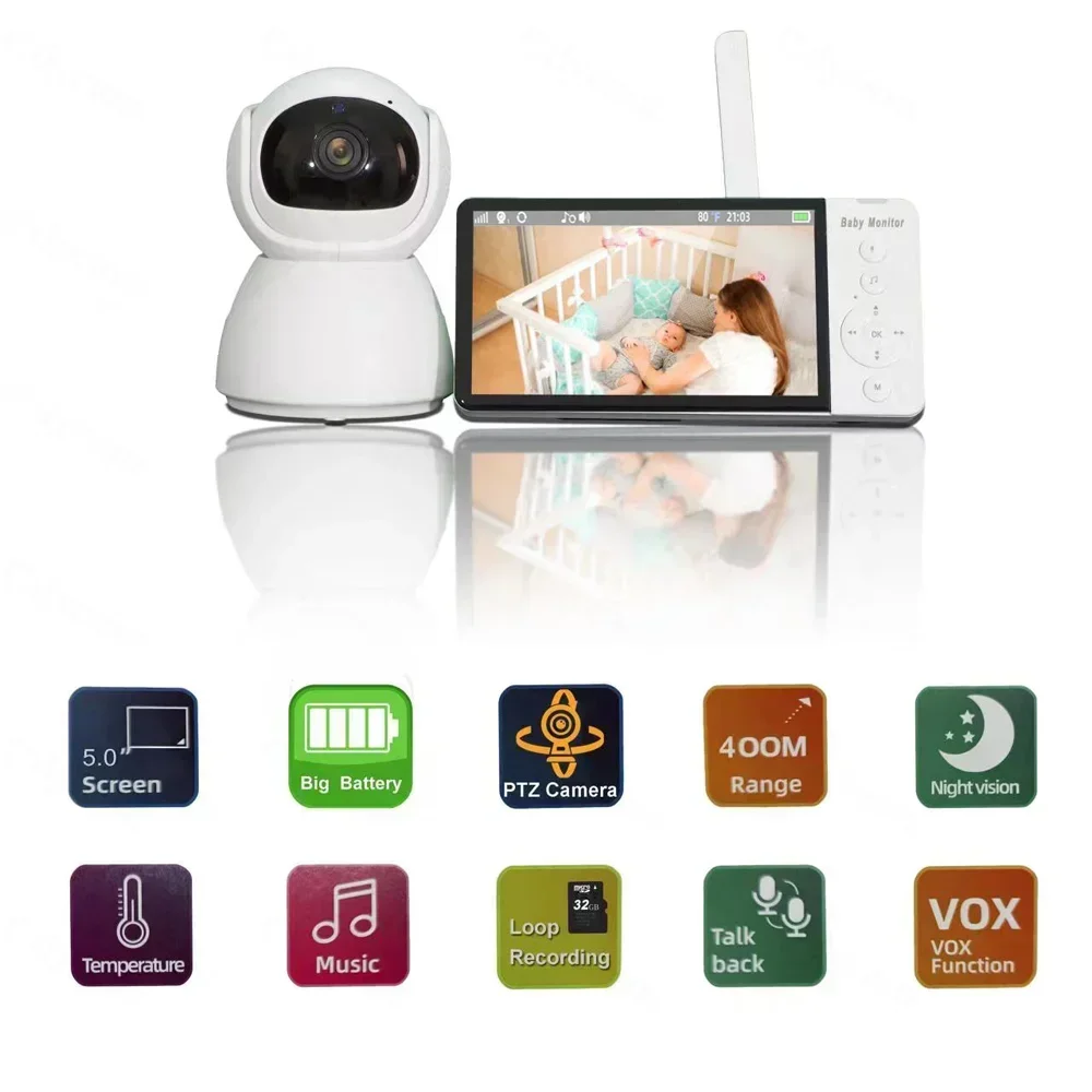 5.0 Inch Wireless Video Baby Monitor 5000mAh IPS Screen With Nanny PTZ Camera 2-way Audio VOX Lullaby Surveillance Recorder New