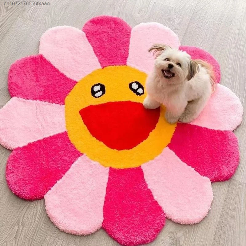 

Cute Sunflower Carpet Study Round Bedroom Living Room Home Cartoon Mat Y2k Women Balcony Colored Smiling Face Carpet Decoration