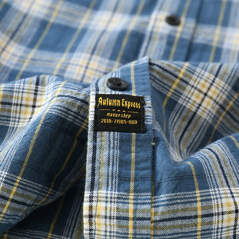 Japanese Style  Checkered Long Sleeve Cotton Shirt Versatile Men's Fashion City Loose Fit Washed Plaid Pattern Shirt
