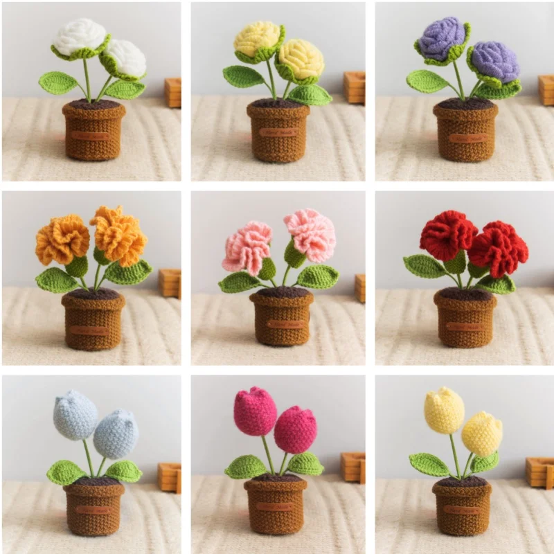 ミニ完成品の編み物バラ、カーネーション、チューリップの鉢植え、感情的なサポートを与えるぬいぐるみ植物、母の日、バレンタイン、クリスマス、卒業祝い