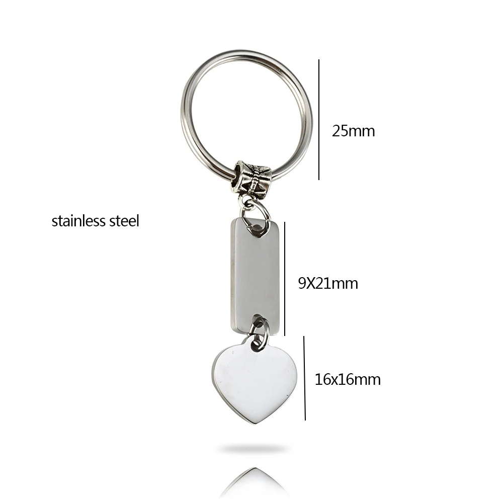 Stainless Steel Keychain Blank To Record Metal Rectangle & Heart Charm Keychain For Engraving Mirror Polished Wholesale 10pcs