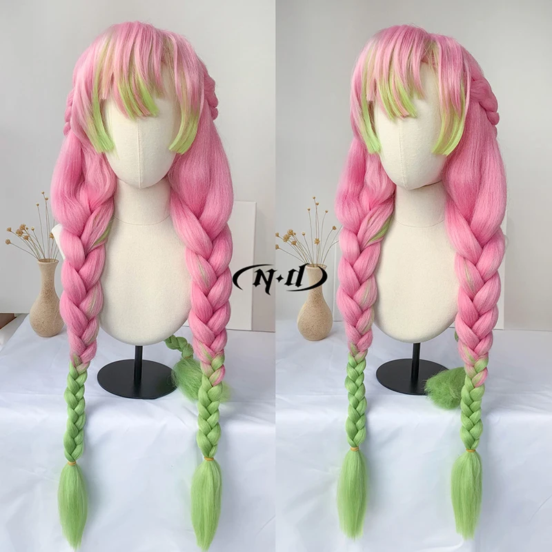 ND Mitsuri Kanroji 코스프레 가발 헤어피스 Kimetsu no Yaiba 애니메이션 코스프레 헤어 가발 Comic Con Coser 용 내열성 합성