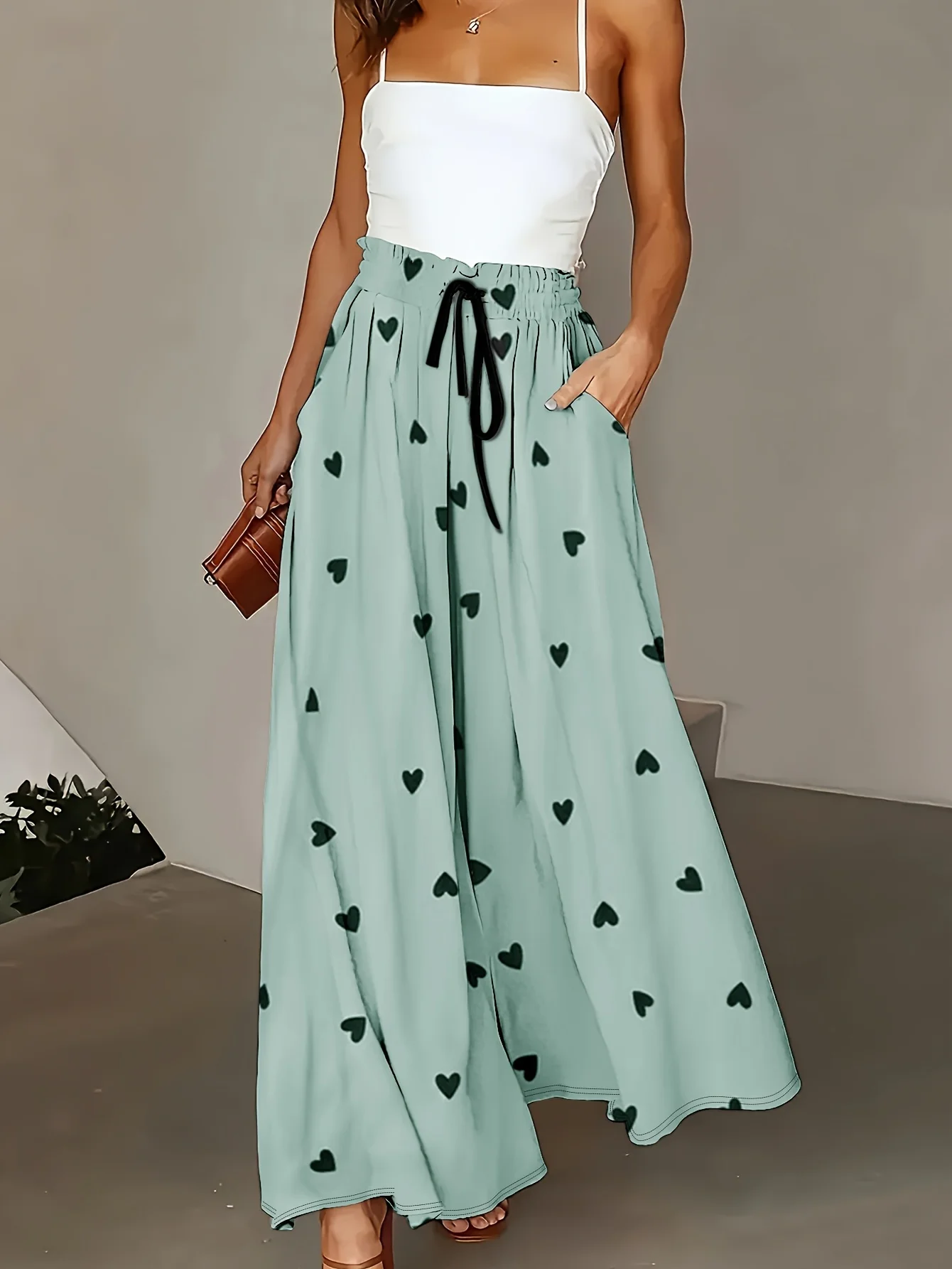 Women High Waist Wide Leg Pants Heart Print Elastic Paperbag Waist Drawstring Loose Long Trousers With Side Pockets Casual Pants