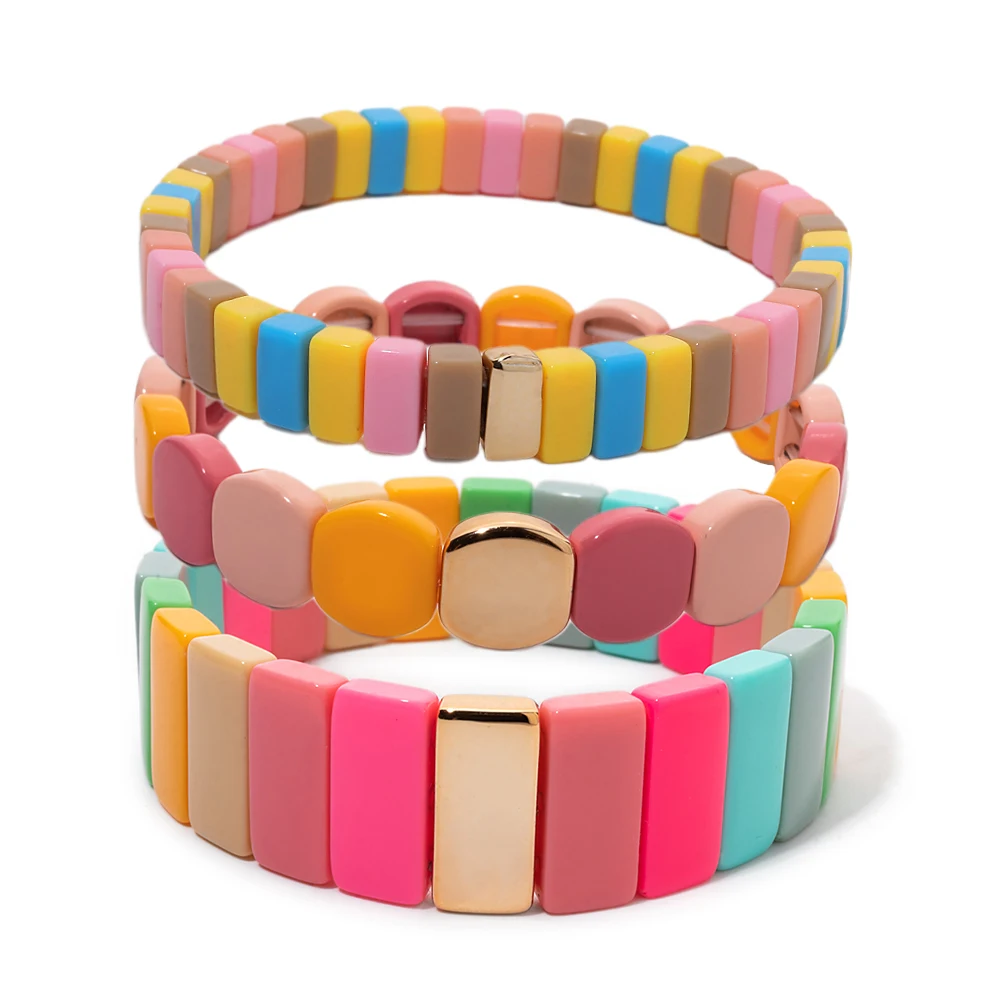 BEUTIFOR 3Pcs Pastel Rainbow Resin Beaded Stretch Bracelet Set, Geometric Color Block Stackable Elastic Bangles, Boho Summer