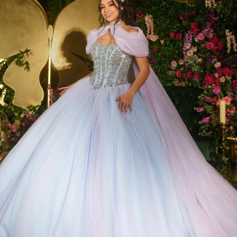 

Glitter Sky Blue Quinceanera Dress 2024 Mexican Beads Tull With Cape Sweet 16 Dress Vestidos 15 Para Xv Birthday Party Dresses