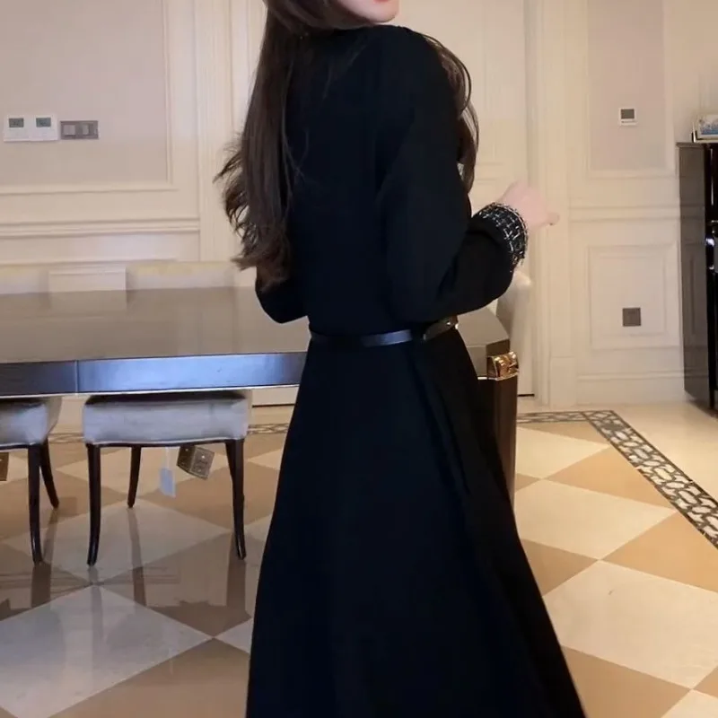 Spring and Autumn Women\'s Pullover Square Neck Long Sleeve Solid Button Plaid Pocket Long Dresses Fashion Casual Elegant Dresses