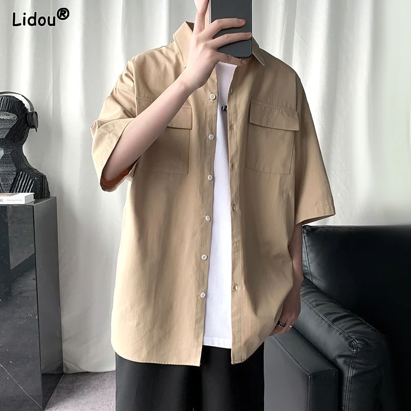 

Men's Clothing Fashion Business Casual Loose Turn-down Collar Handsome Solid Man Button Short Sleeve Spring Summer Thin Shirts