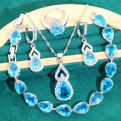 Droplet Shaped Silver 925 Jewelry Sets For Women Baby Blue Red Zircon Earrings Necklace Pendant Ring Bracelet Dating Gifts