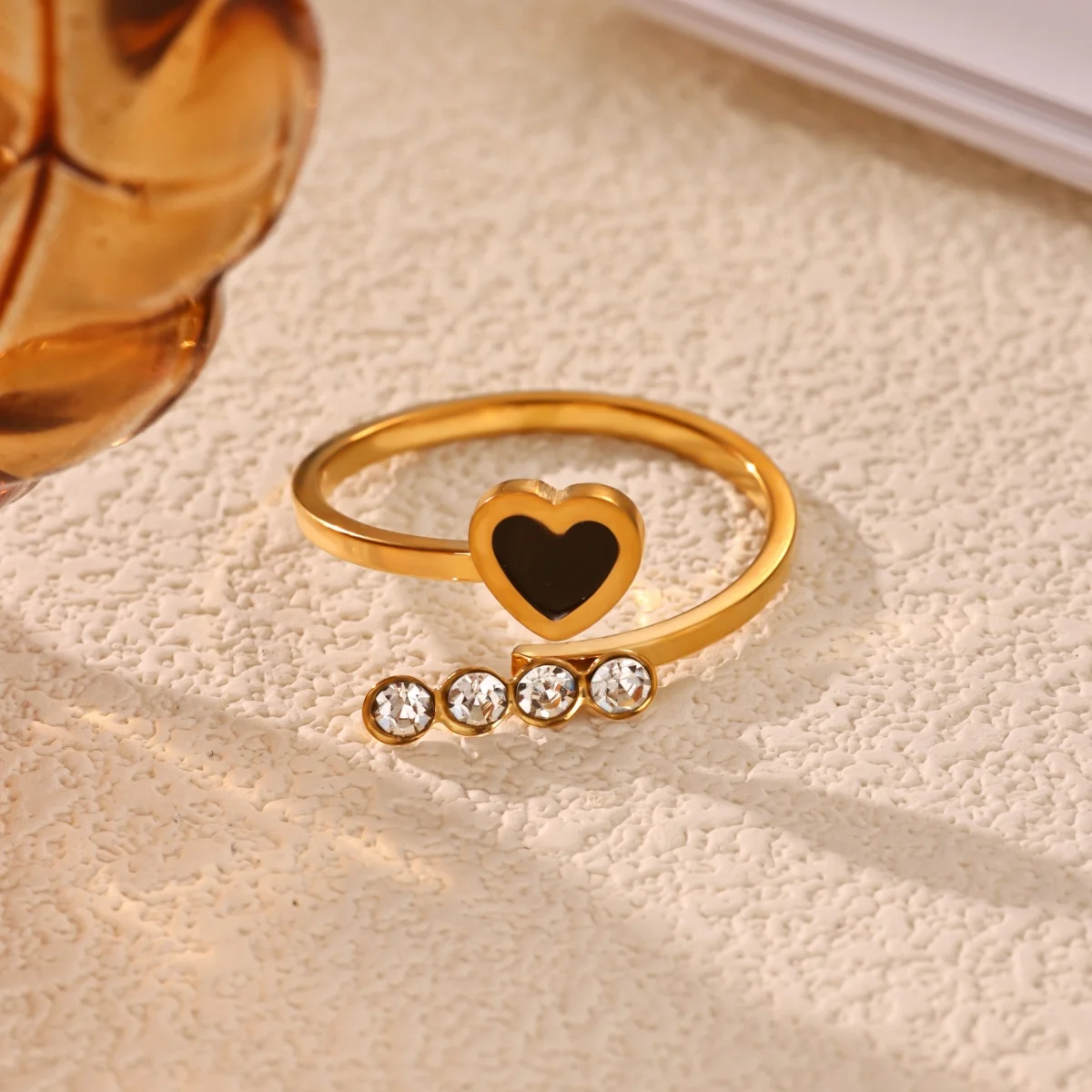 Elegant Zircon Black Heart Rings For Women 18K Gold Plated Stainless Steel Geometric Adjustable Ring Aesthetic Wedding Jewelry