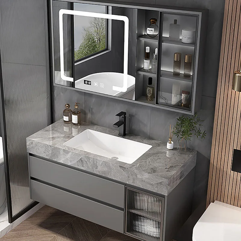 Mueble de baño compacto, lavabo de cerámica de roca, tocador de baño flotante, espejo Led montado en la pared, Gabinete nórdico, muebles de moda