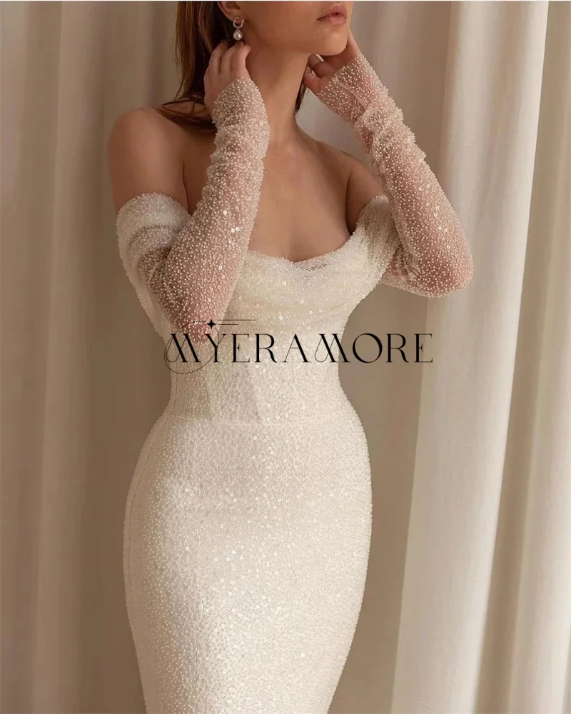 Gorgeous Shiny Sequins Lace Wedding Dresses Mermaid Long Sleeve Pleat Floor-Lenght Bridal Gowns Customized robe de mariée