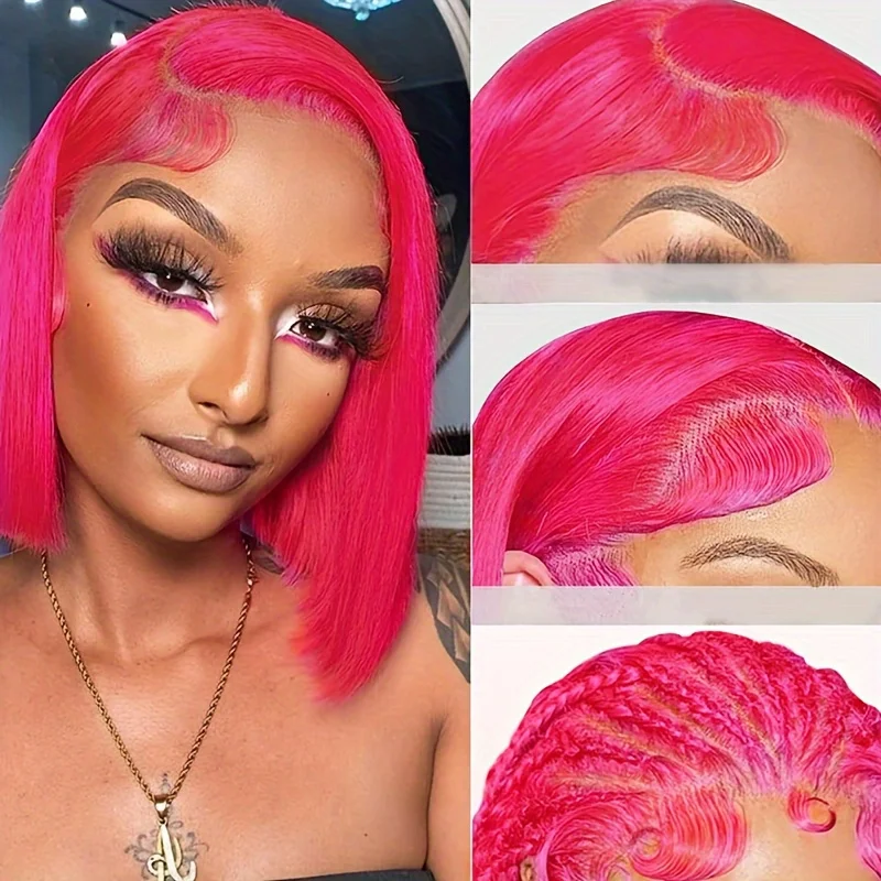 hot pink color bob short straight 10inch 150% density daily party use remy wig 13x4 transparent lace human hair wigs for women