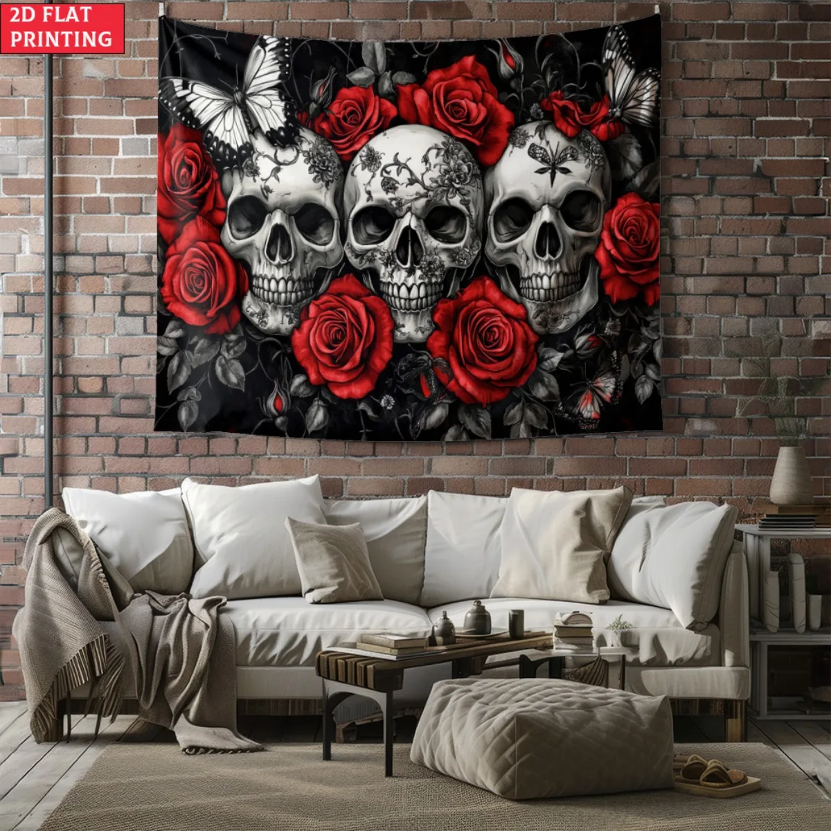 unframed Skull and Roses Gothic Tapestry Dark Art Wall Decor Punk Rock Style Home Interior Design Black Red Floral Skeleton Prin
