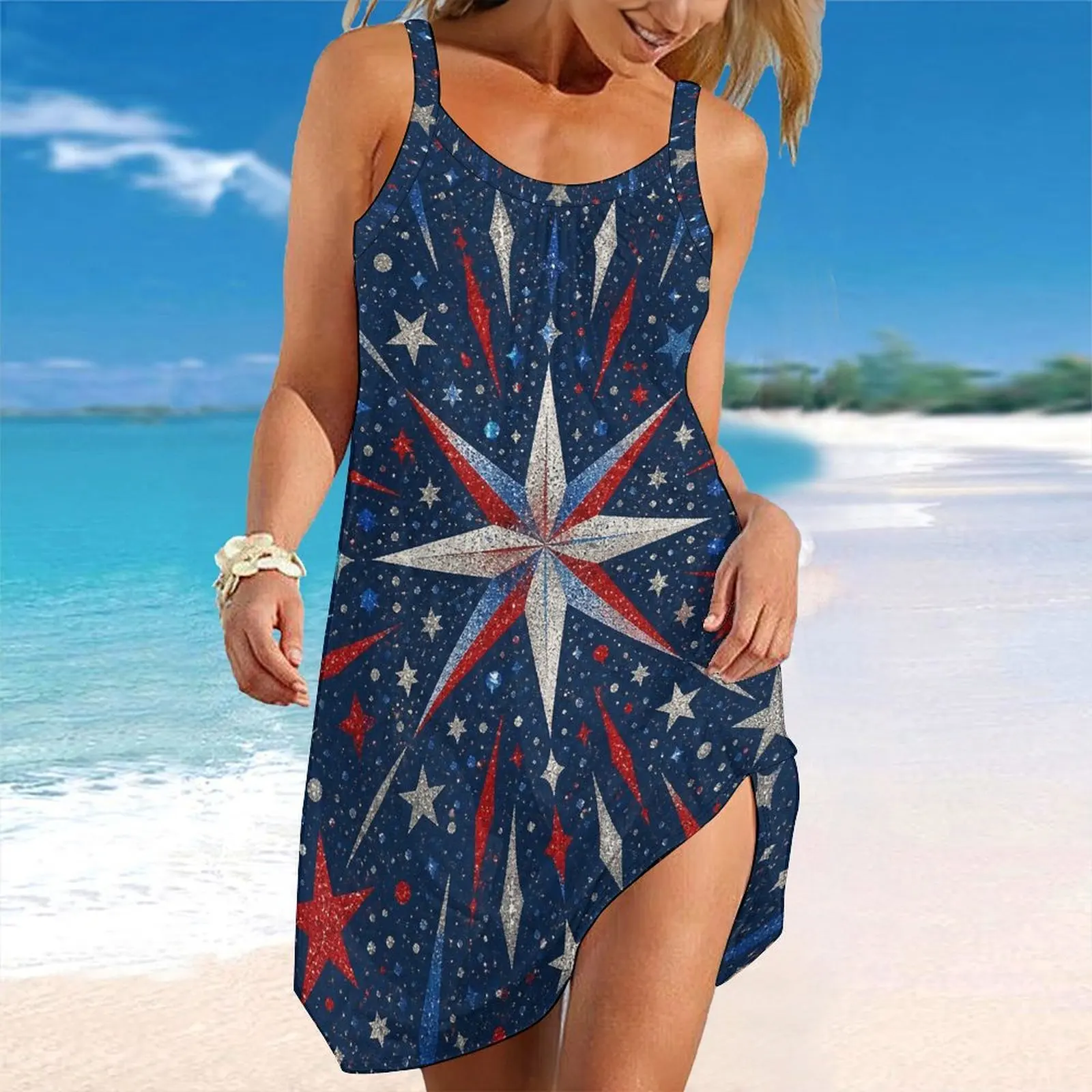 Women Spaghetti Strap Beach Dress V Neck Pleated Loose Mini Dress Custom Print Ladies Vacation Cover Up Dress