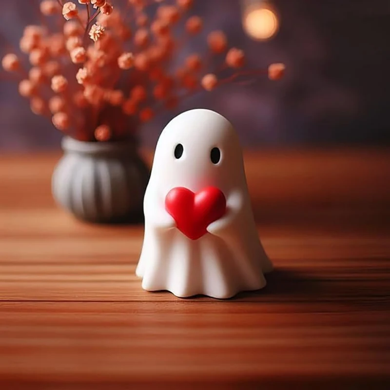 Hand Heart Gesture Cute Ghost Statue Small Love Ghost Figurines Spooky Halloween Home Decorations Desktop Ornaments