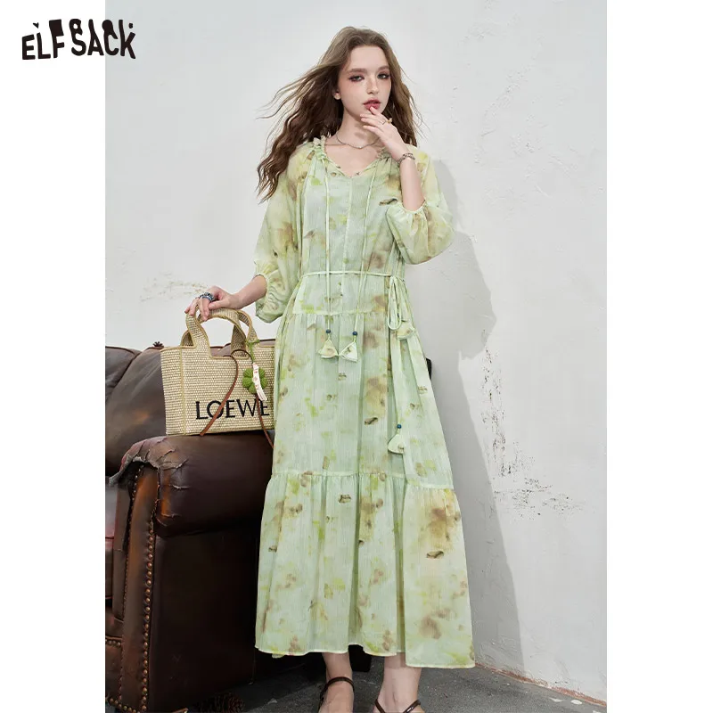 2024 Summer ELFSACK New Arrivals Ink printed dress for women with a waist cinching and elegant long dress