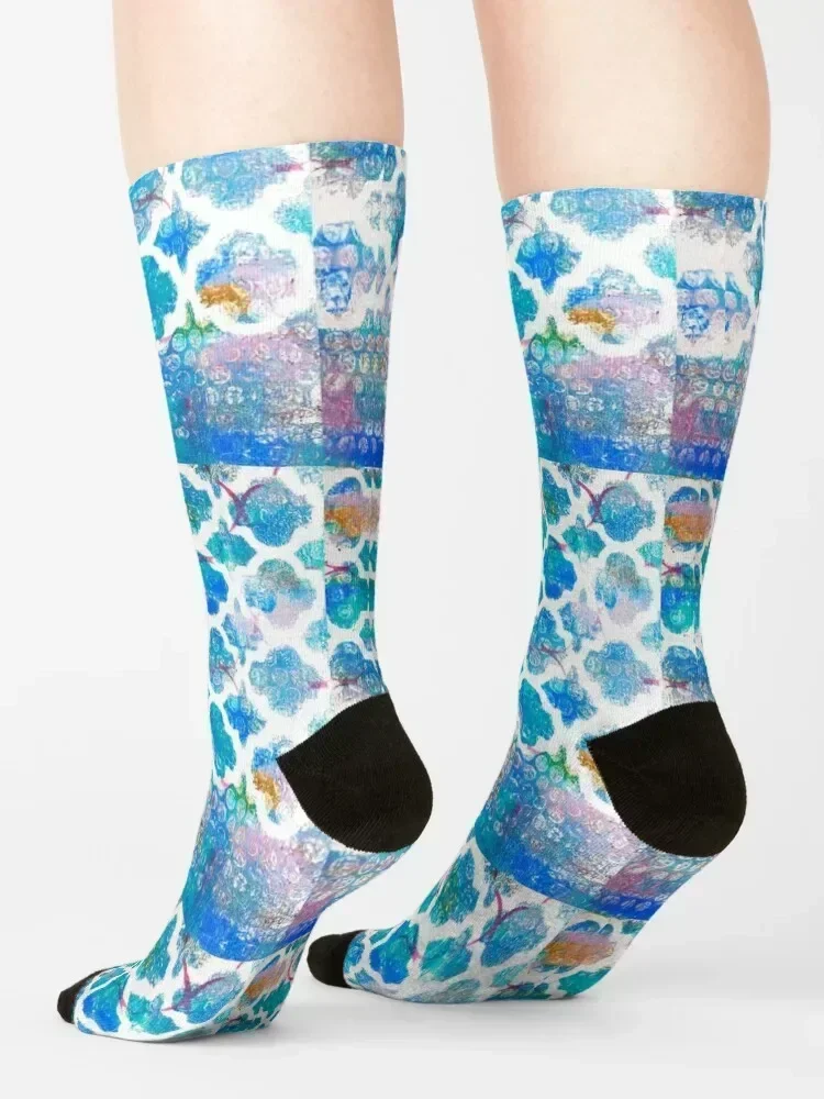 BLUE AND WHITE MOROCCAN PATTERN Socks professional running Rugby colored winter thermal Socks Female Men's