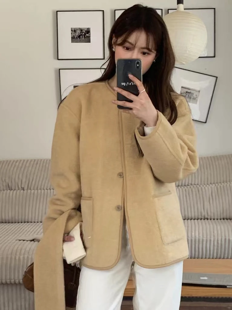 الكورية Sle جولة Ne الفراء Jaet المرأة شتاء جديد Faion لطيف مطابقة وشاح فضفاض صالح معطف الجلود والفرو