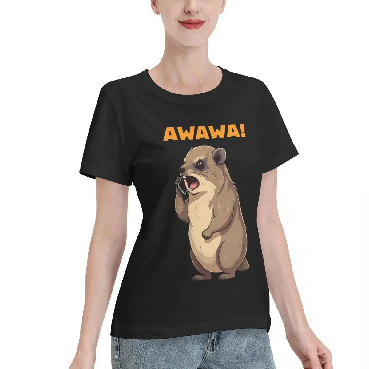 Durable Wear Rock Hyrax Awawa Funny On Phone Groundhog Women's T-shirt Autumn Outfit Outdoor Casual Top