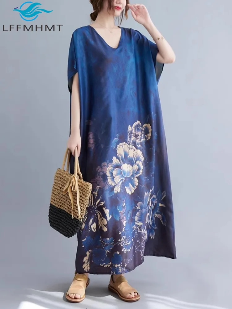 Sommer Mode Chinesischen Vintage Stil Floral Print Kleid Frauen Gute Qualität Mid-age Kurzarm Baggy Pullover Kleid Weibliche robe