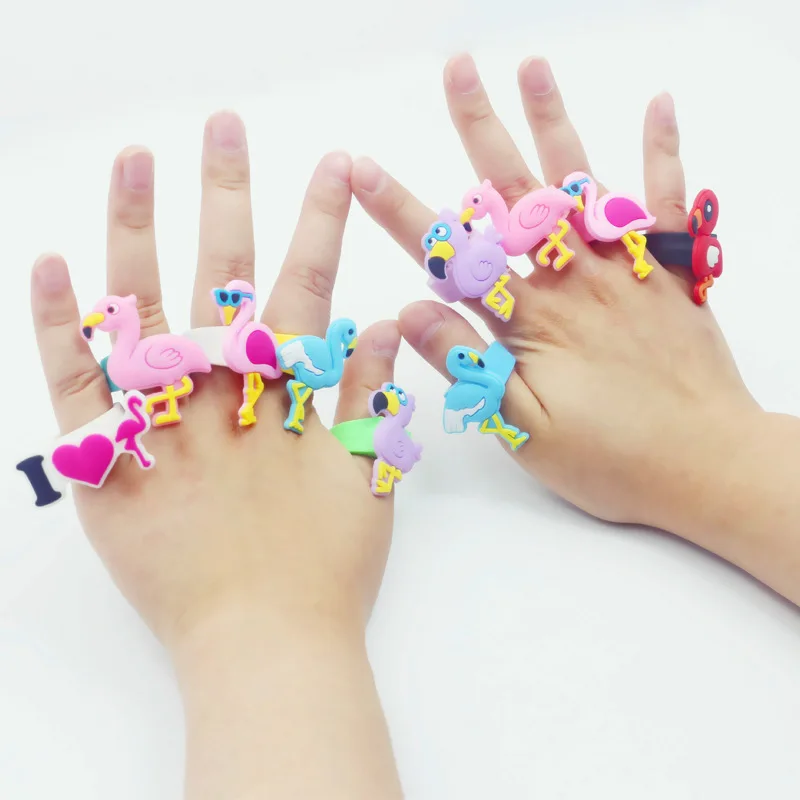 6pcs Silicone Cartoon Flamingo Finger Rings Jewelry Toys for Hawaiian Party Decoration Wedding Birthday Kids Gifts