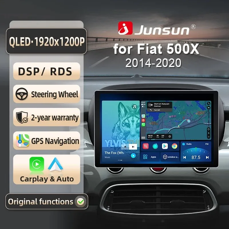 Junsun für Fiat 500X 2014 2015-2020 9 Zoll 4GB 64GB Android 13 Autoradio GPS Navigation Carplay DSP Bluetooth FM Lenkradbedienung Unterstützung USB AUX Eingang Rückfahrkamera Bereit 1080P Video Split
