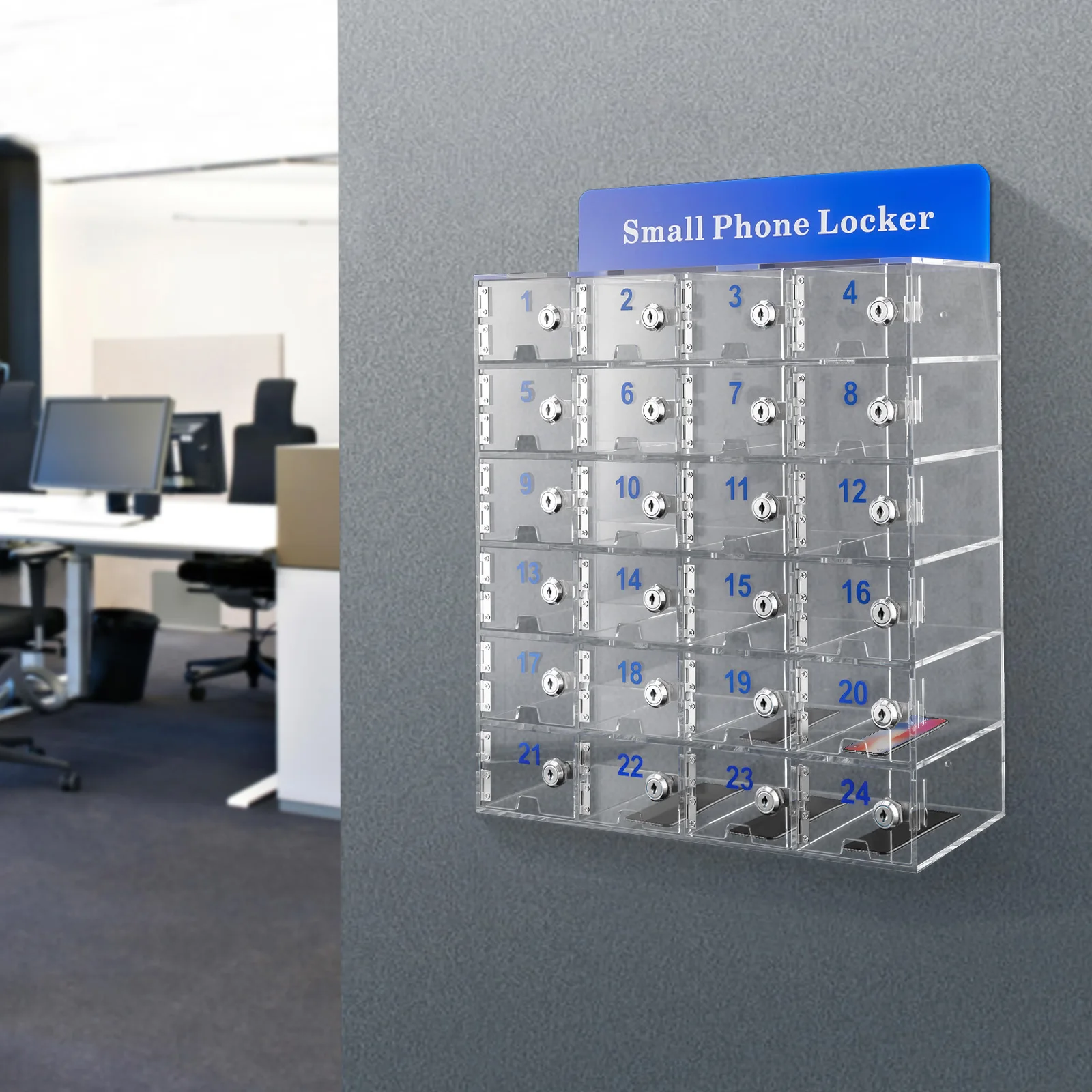 24 Slots Cell Phone Locker Box with Door Locks and Keys Acrylic Cell Phone Storage Cabinet Wall-Mounted Clear for Office School