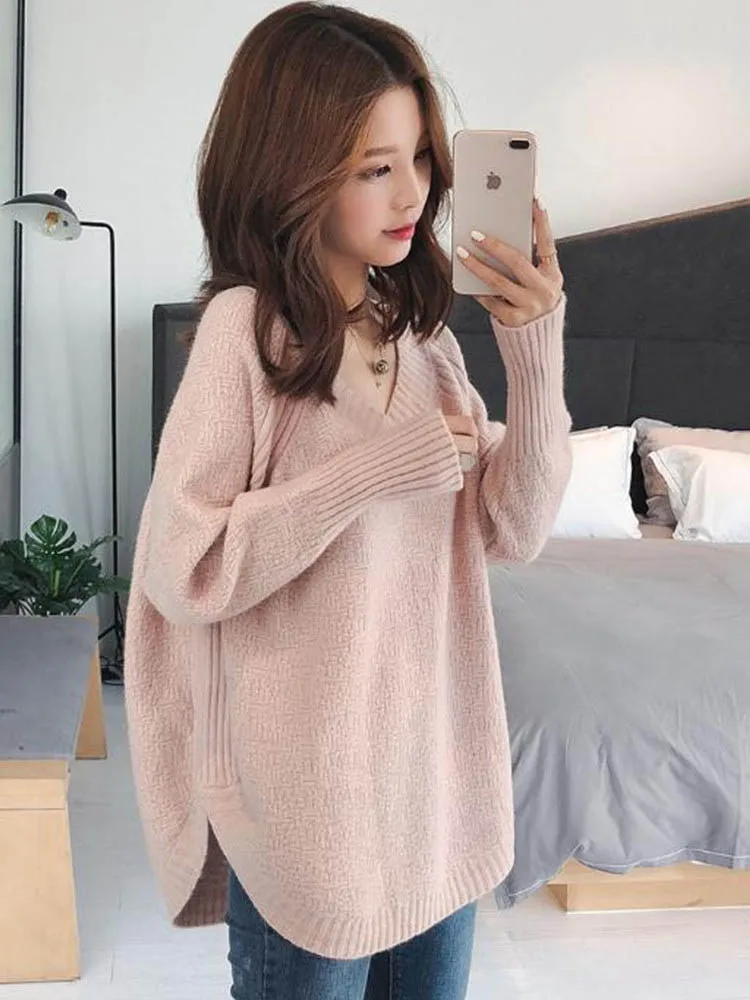 เสื้อสเวตเตอร์ผู้หญิงคอวีสีชมพูอ่อนหวานและอ่อนโยน เสื้อสเวตเตอร์แขนยาวแบบสวมหัวหนาและอบอุ่นสำหรับฤดูใบไม้ร่วงและฤดูหนาว 10