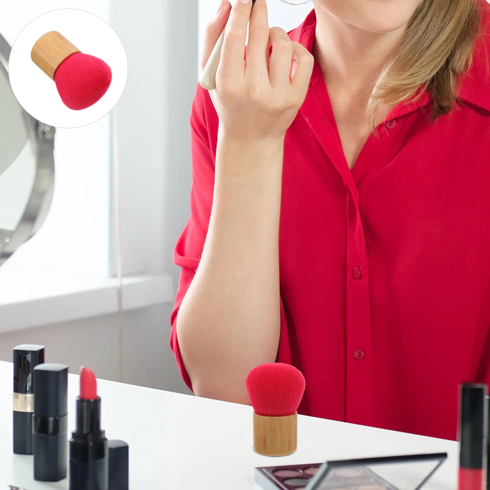 

Bamboo H Powder Brush for Travel Foundation Blush Makeup Kit Faux Fiber Bristles Loose Setting Powder Face Bulk