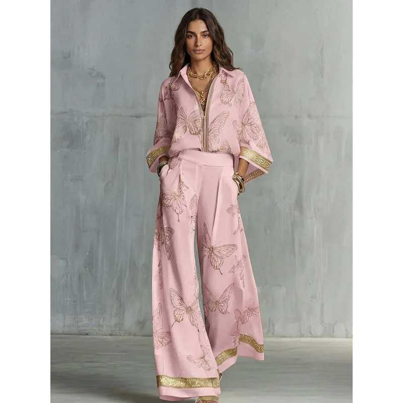B Women Butterfly Print 2 Piece Outfit Shirt Wide Leg Pants Set Golden Trim Lapel Zipper Solid Trousers Holiday Matching Suit